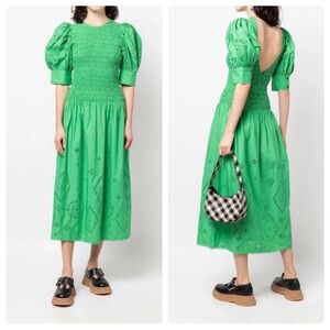 NWT Ganni Backless Shirred Broderie Anglaise Dress Cotton Kelly Green